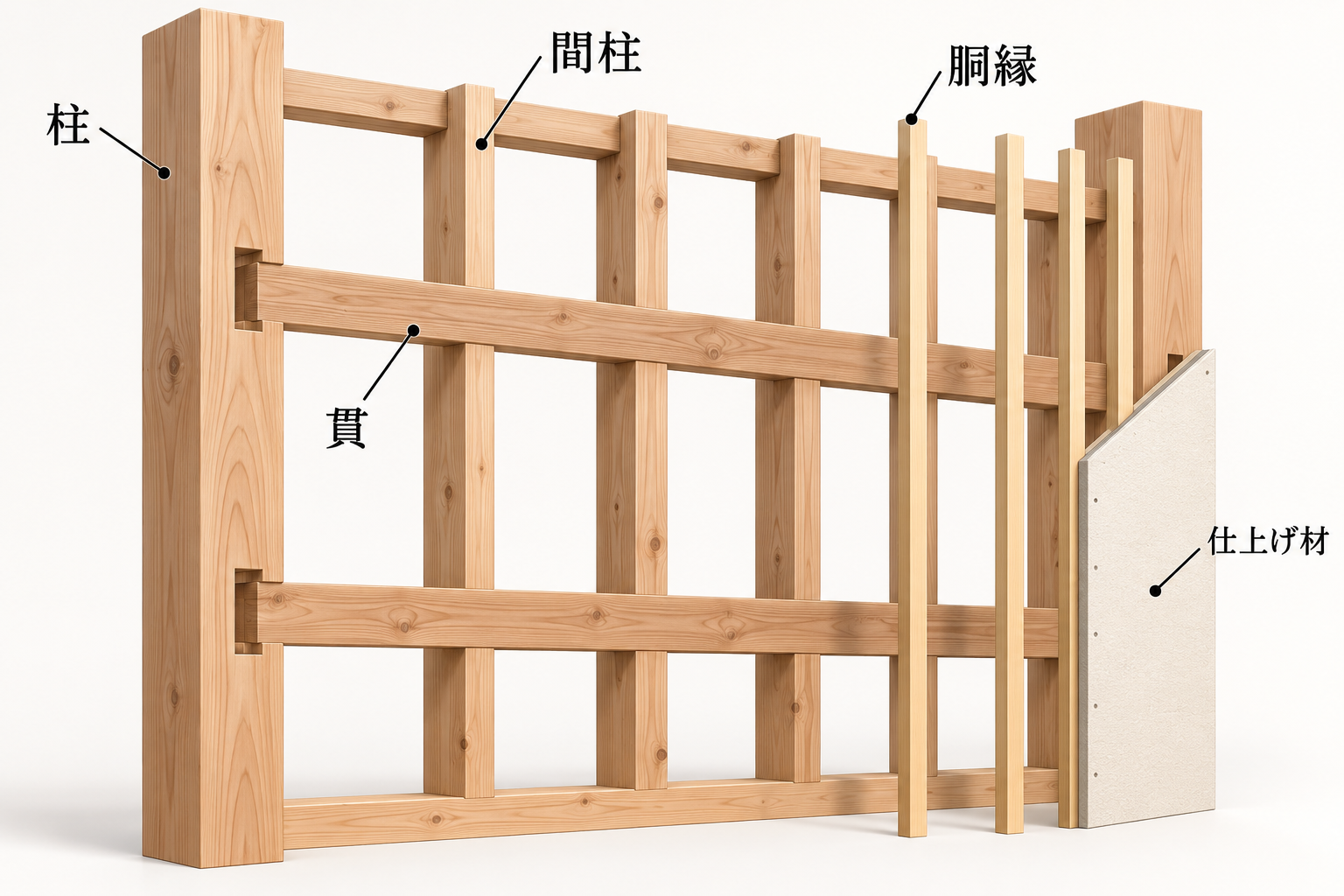 壁の中にある木材。間柱・貫・胴縁